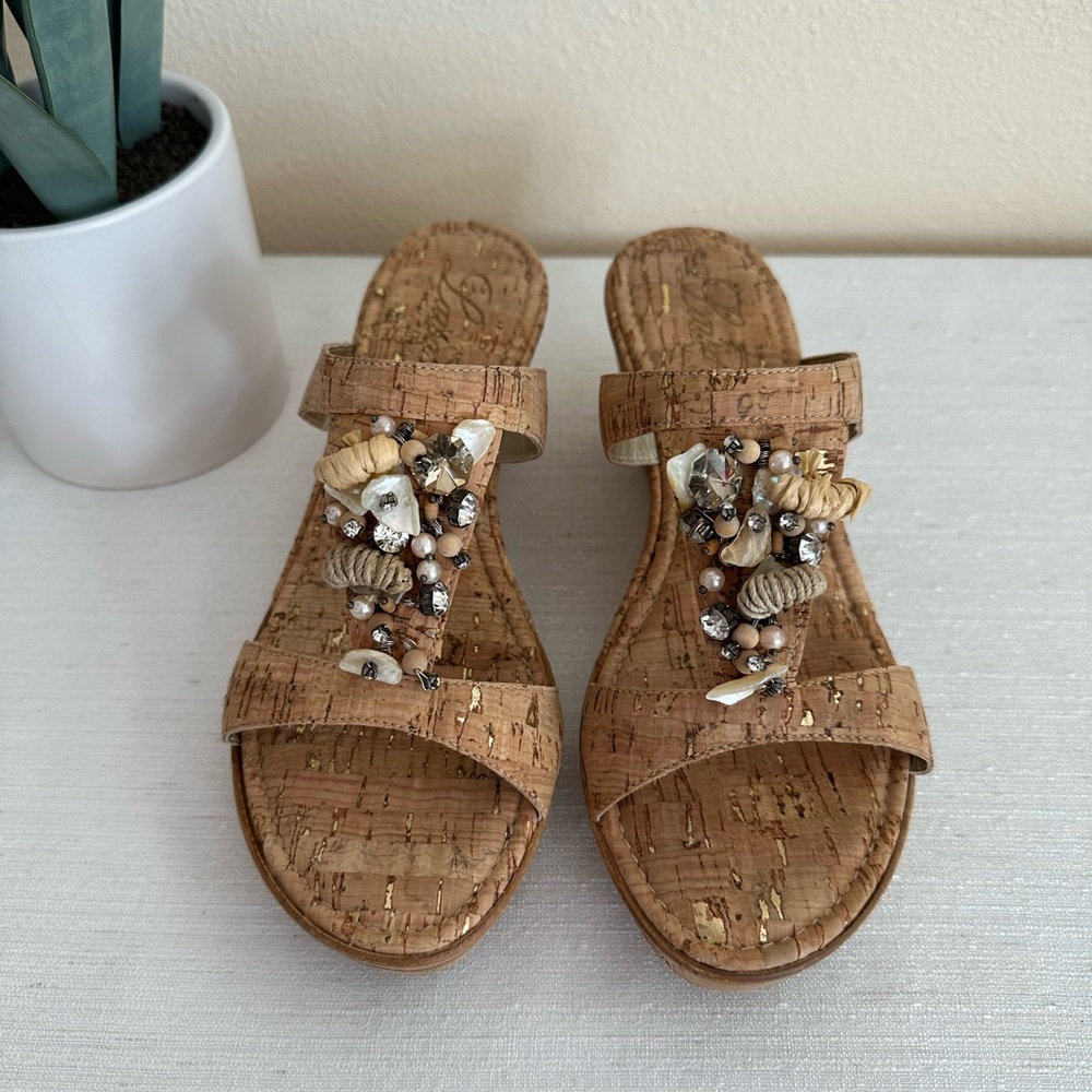New Luisa D’orio Jeweled Cork Wedge Slide Sandals Woman’s 7 Made in Italy